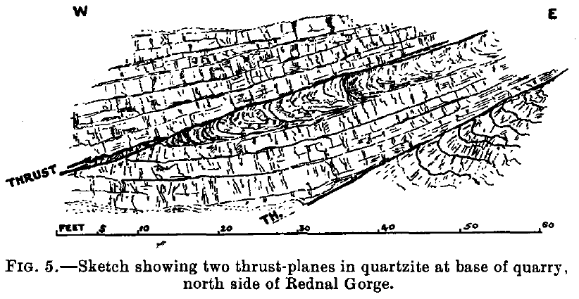 From Boulton 1928, showing the double thrust planes within the quartzite at Rose Hill. Link to paper in text above.